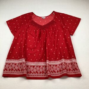 Rebecca Malone Womens 1X Plus Size Top Shirt Red White Paisley Short Sleeves